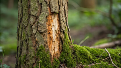 Obraz premium Damaged tree trunk with exposed bark and moss in forest setting, showing signs of decay and natural wear