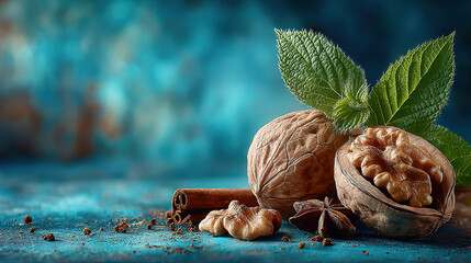 Walnuts with leaves, cinnamon stick, star anise on textured blue surface.