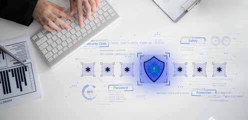 A concept of an advanced cybersecurity system. The futuristic interface shows a multi-factor authentication process using a secure password or PIN for enhanced data protection. Fermion