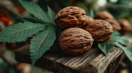 Close-up of walnuts on leaves and wooden surface.