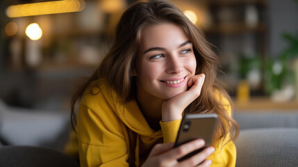 Young woman relaxing on couch with smartphone, comfortable home environment, digital entertainment, casual lifestyle, genuine smile and happiness, living room setting, with copy space