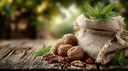 Bag of walnuts with nuts and leaves on rustic wooden surface.