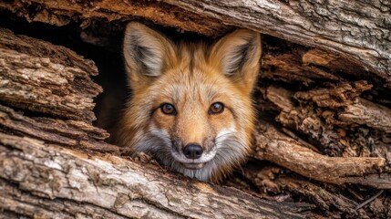 Obraz premium A fox looks out from a pile of logs in a forest. Its fur shines in the sunlight as it observes its environment. The scene includes natural elements like trees and branches.