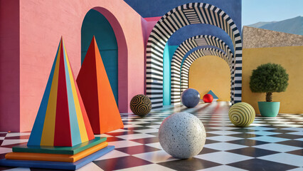 Colorful geometric shapes and patterns create vibrant abstract scene with arches and checkered floor
