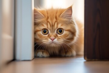 close-up of a cute domestic kitten peeking out