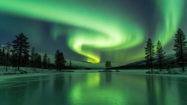 Majestic northern lights over snowy landscape and reflective lake - Powered by Adobe