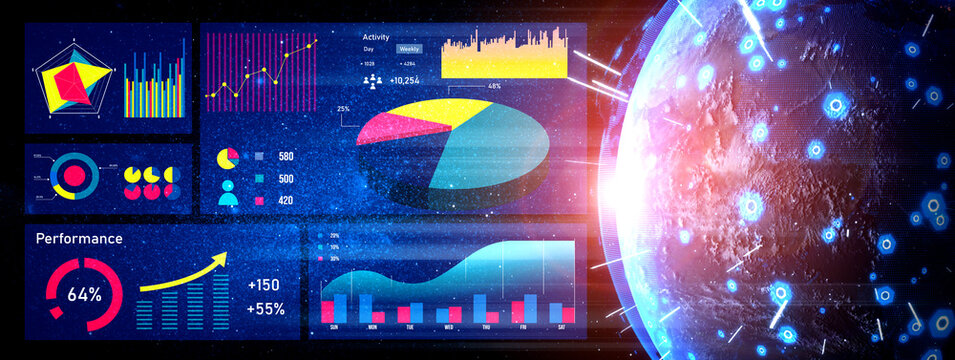A visually striking representation of data analytics featuring various charts and graphs against a cosmic backdrop, showcasing performance metrics and trends in modern technology. Impute - Powered by Adobe