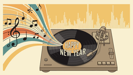Obraz premium Happy New Year celebration with vintage record player and music notes