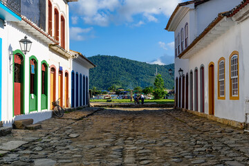 Street of historical center in Paraty, Rio de Janeiro, Brazil. Paraty is a preserved Portuguese colonial and Brazilian Imperial municipality