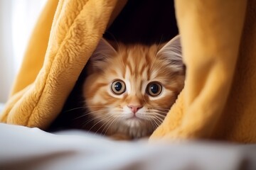 close-up of a cute domestic kitten peeking out