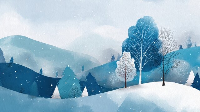 Serene Watercolor Winter Landscape with Snowy Hills and Blue Forest Trees. Artistic Illustration of a Peaceful Cold Season Background with Falling Snowflakes. - Powered by Adobe