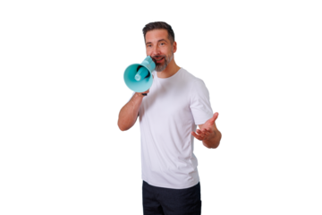 Man holding light blue megaphone, making an announcement, speaking out message, communicating news, reaching audience, transparent background