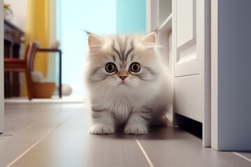 close-up of a cute domestic kitten peeking out