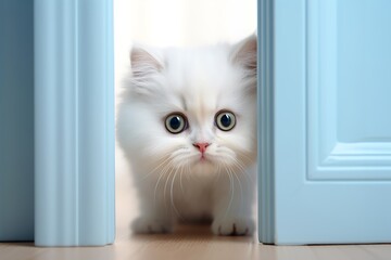 close-up of a cute domestic kitten peeking out