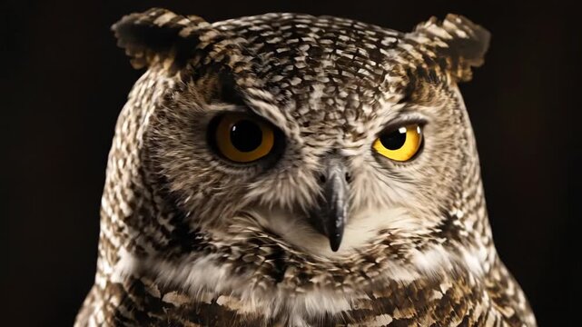 Closeup of a majestic owl with piercing yellow eyes and intricate feather patterns in dramatic lighting