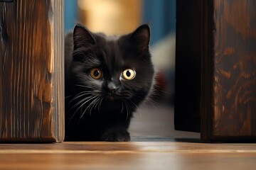Close-up photo of a cute black kitten peeking out