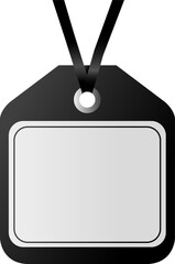 A simple black blank price tag with a white customizable space for text or information, hanging from a black ribbon. Ideal for retail, sales, discounts, or product labeling.