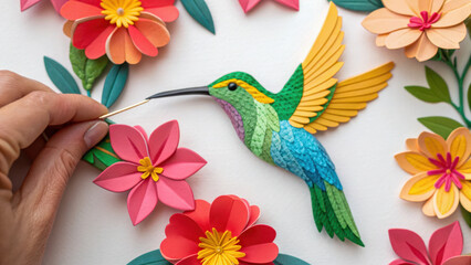 Naklejka premium Recycled material concept motif. Colorful paper hummingbird surrounded by vibrant flowers, crafted with intricate detail