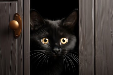 Close-up photo of a cute black kitten peeking out