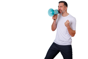 Man holding megaphone shouting, advocating, announcing, protesting, and empowering with fist, transparent background