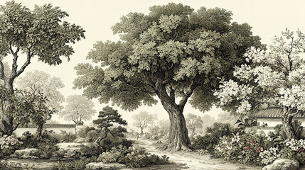 serene traditional landscape with large trees, rocks, and a peaceful garden setting.