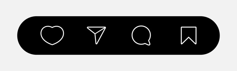 User interface design showing common social media icons for interaction, featuring a heart, message, search, and bookmark symbols. Vector illustration