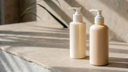 Self care visual routine. Eco friendly shampoo and skincare bottles on stone surface in sunlight