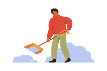 young man removing snow with shovel from the street in winter. male character in warm clothes cleaning yard or road after snowfall. vector illustration