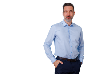 Confident businessman standing with hands in pockets on transparent background expressing professionalism