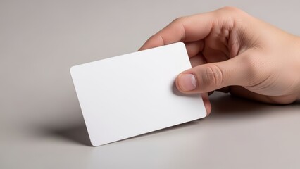 Obraz premium Female hand holding blank white card against gray background for mockup or design display