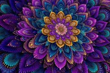 Psychedelic Fractal Mandala in Neon Colors Warped Retro Pattern Digital Art