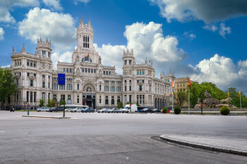 Cybele's Square (Plaza de la Cibeles) and Central Post Office (Palacio de Comunicaciones) in Madrid, Spain. Cityscape of Madrid