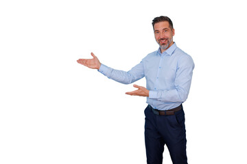Businessman presenting or introducing new concept, product, or service with open hands, smiling, posing on transparent background