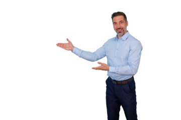 Businessman presenting or introducing new concept, product, or service with open hands, smiling, posing on transparent background