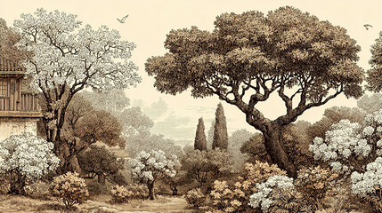 Traditional-style landscape featuring numerous trees and a building.