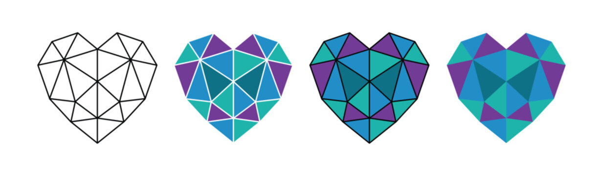 Vector set showing a heart shape created from geometric triangles in teal, turquoise, blue, and purple, in four different styles.