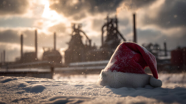 Santa laus hat placed on snowy steel mill site, furnaces in background. Concept of Christmas celebration in the industrial setting and environment.