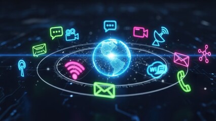 Communication hologram icons floating around digital interface