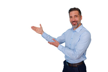 Mature businessman pointing left, presenting information with a welcoming smile, transparent background