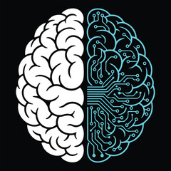 Conceptual illustration of a human brain with one half organic and the other a circuit board, symbolizing ai and technological integration.