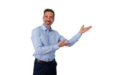 Smiling man presenting and showing with hands, gesturing a product or service solution on transparent background