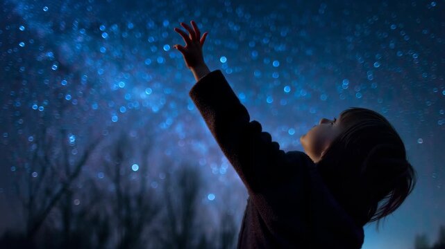 Child gazing at starry night sky