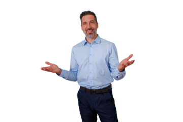 Man smiling and welcoming with open arms, presenting a solution or choice, looking at camera on transparent background