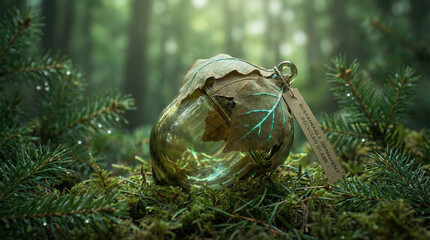 Eco-friendly glass ornament with leaf detail rests on mossy forest floor