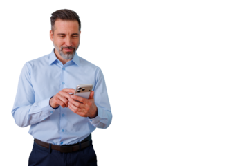 Middle-aged man engaging with mobile phone, accessing information and staying connected on a transparent background