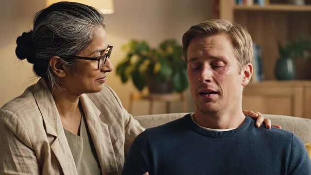 Woman comforts crying man with black eye during therapy session at home, showing empathy and emotional support for difficult times.