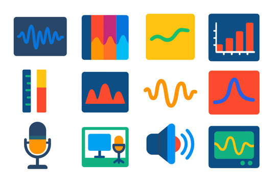 Acoustic Icon Set. Flat vector icons of acoustic phonetics: waveform display, spectrogram, pitch contour line, amplitude bar,