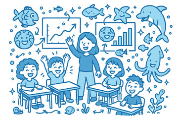 Blue Economy Classroom. Joyful doodle blue economy classroom with happy students, cartoon charts and globes smiling, cheerful