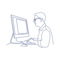 Man working on a computer at her desk, focused on her task. Sketch, line illustration.