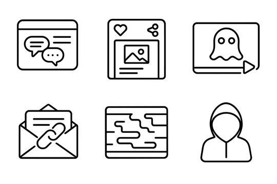 Icons of Modern Myths. Line style icons of Internet and Urban Myths: message board thread, viral post, creepy video still, chain